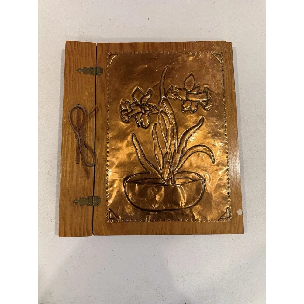VTG Handmade Wooden & Hammered Copper Relief Floral Memory Scrapbook Book